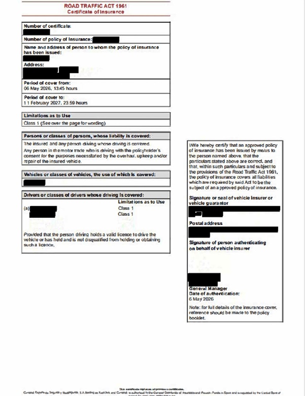 Sample motor insurance cert type 2