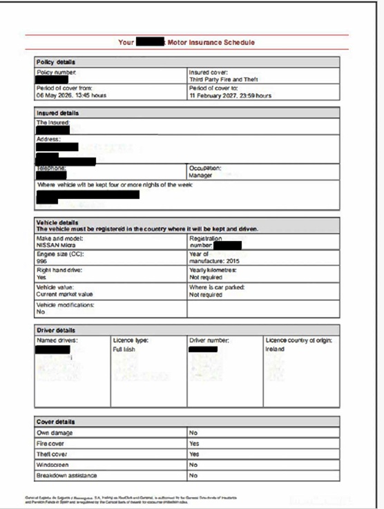 Sample motor insurance schedule document